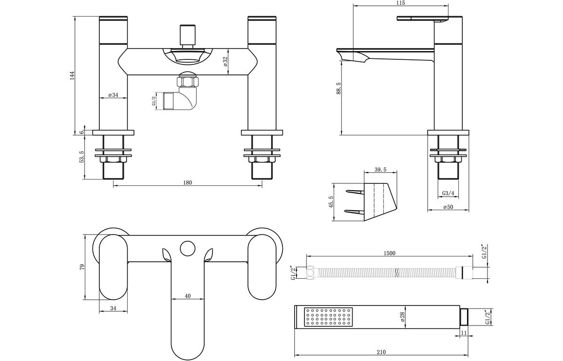 Chrome bath and shower mixer tap technical line drawing dimensions