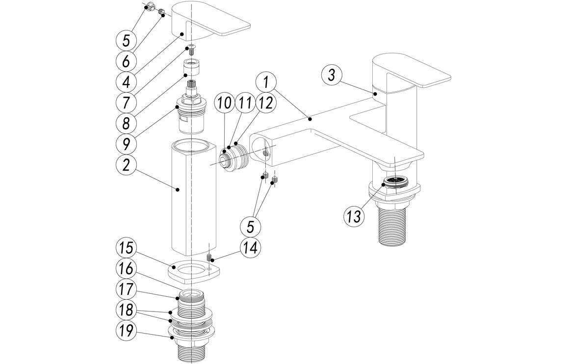 Exploded view of chrome bath filler with valve parts, handles, and spout