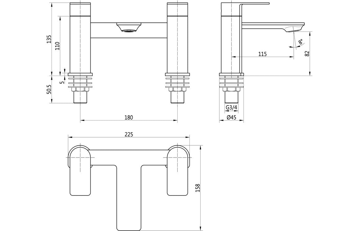 Chrome bath filler technical drawing with twin taps, spout, and G3/4 connection
