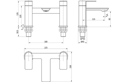 Chrome bath filler technical drawing with twin taps, spout, and G3/4 connection