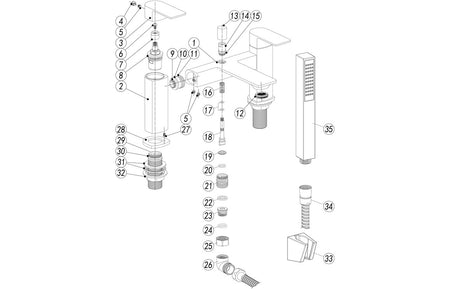 Exploded view diagram of chrome deck-mounted bath shower mixer tap parts