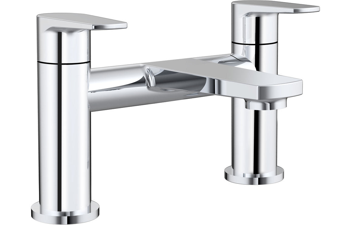 Chrome bath faucet with deck-mounted double handles and spout