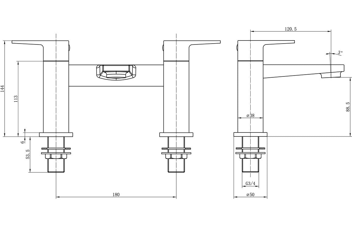 Chrome bath filler faucet technical dimension drawing