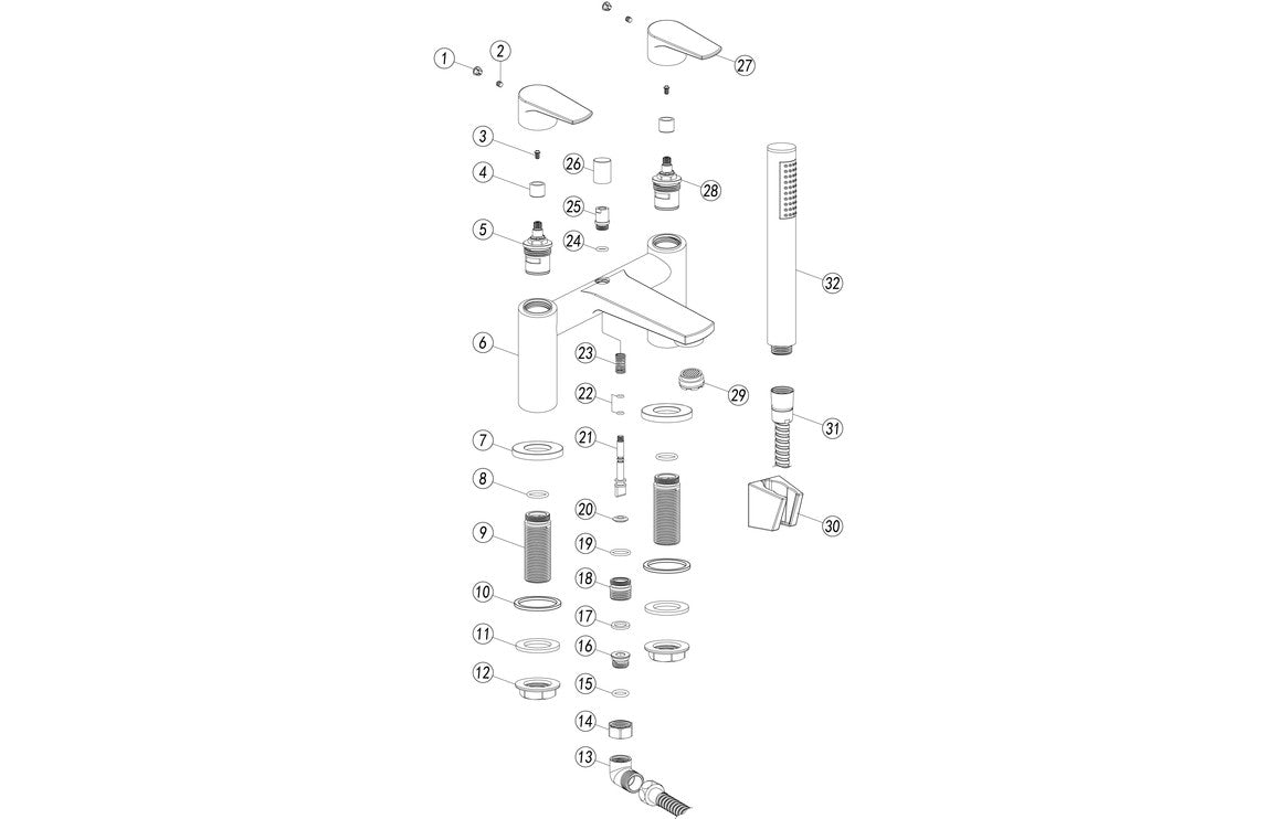 Exploded view of chrome bath and shower mixer tap parts and cartridge components