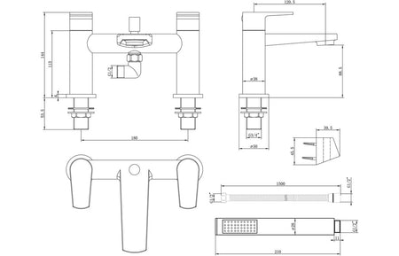 Bath and shower mixer tap technical line drawing with measurements and side view