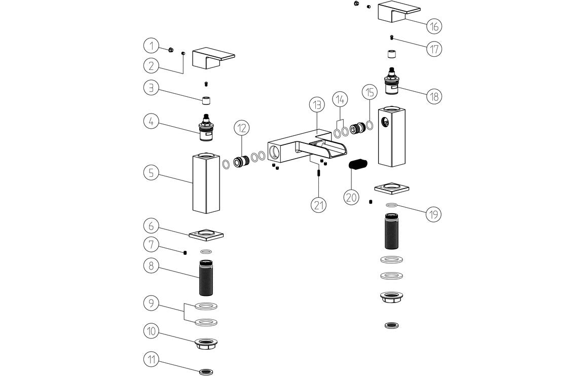 Exploded view of Merne chrome bath filler faucet components