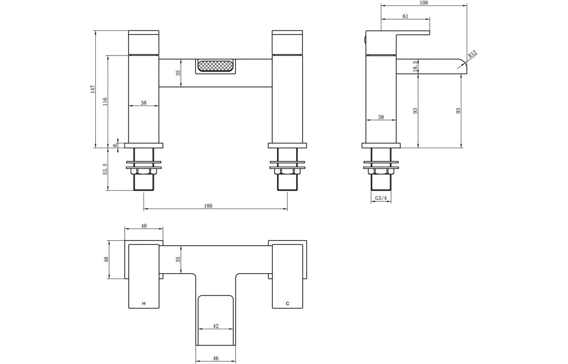 Technical dimension drawing for Merne chrome bath filler faucet