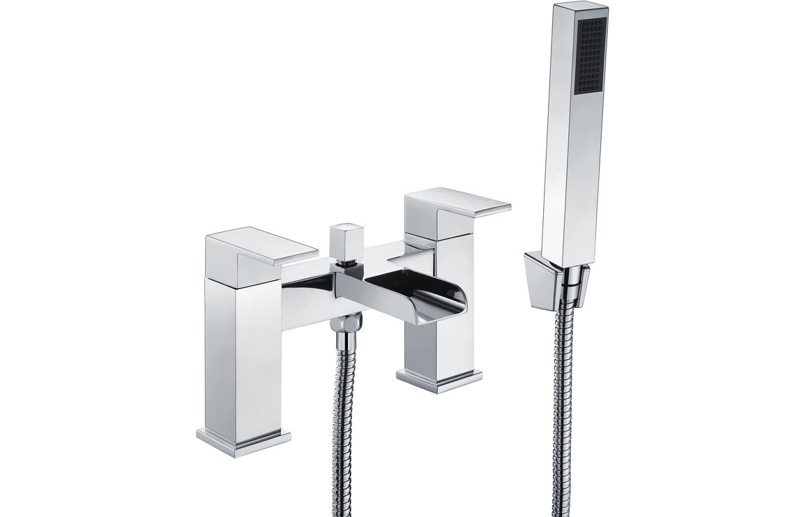 Chrome bath/shower mixer with handheld shower, hose, square spout and controls
