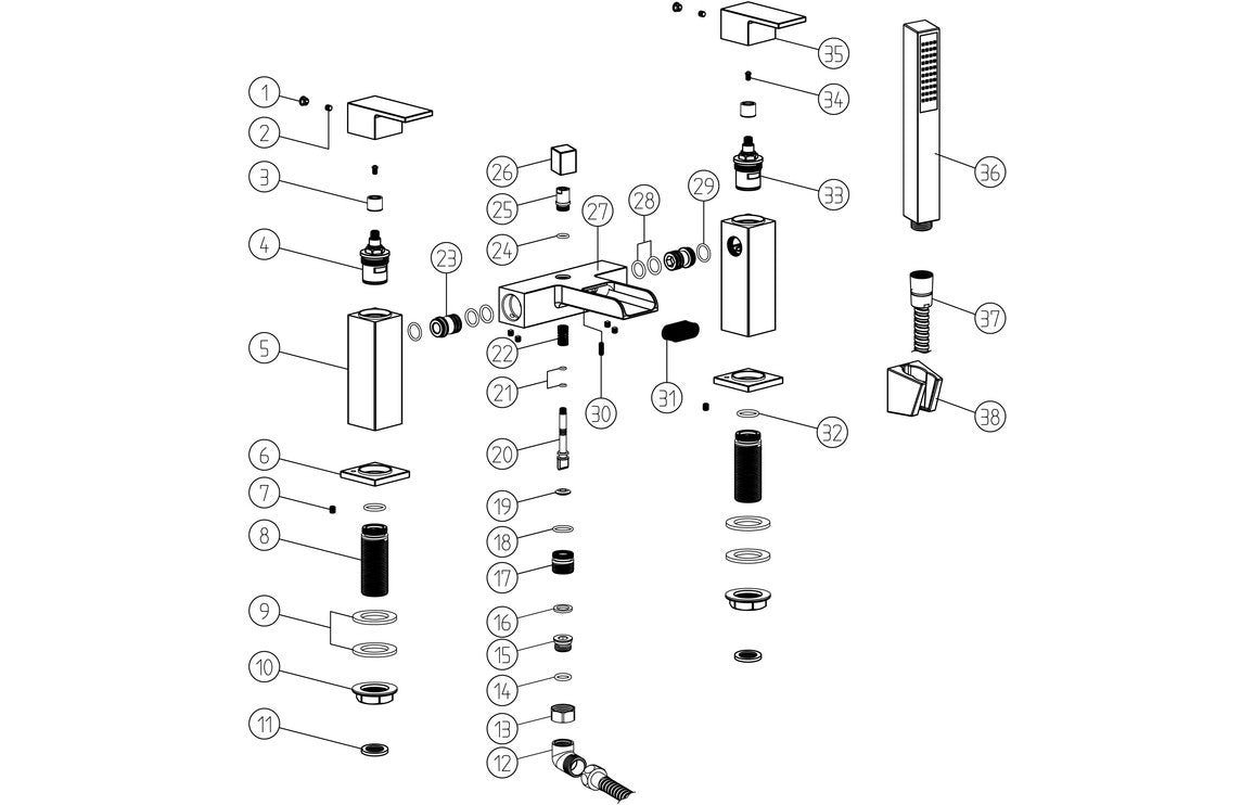 Exploded view of chrome bath/shower mixer parts, including mixer body, spout and handset
