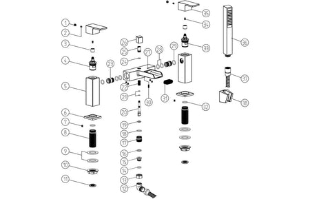 Exploded view of chrome bath/shower mixer parts, including mixer body, spout and handset