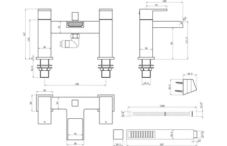 Technical line drawing of chrome bath/shower mixer, side and top dimensions