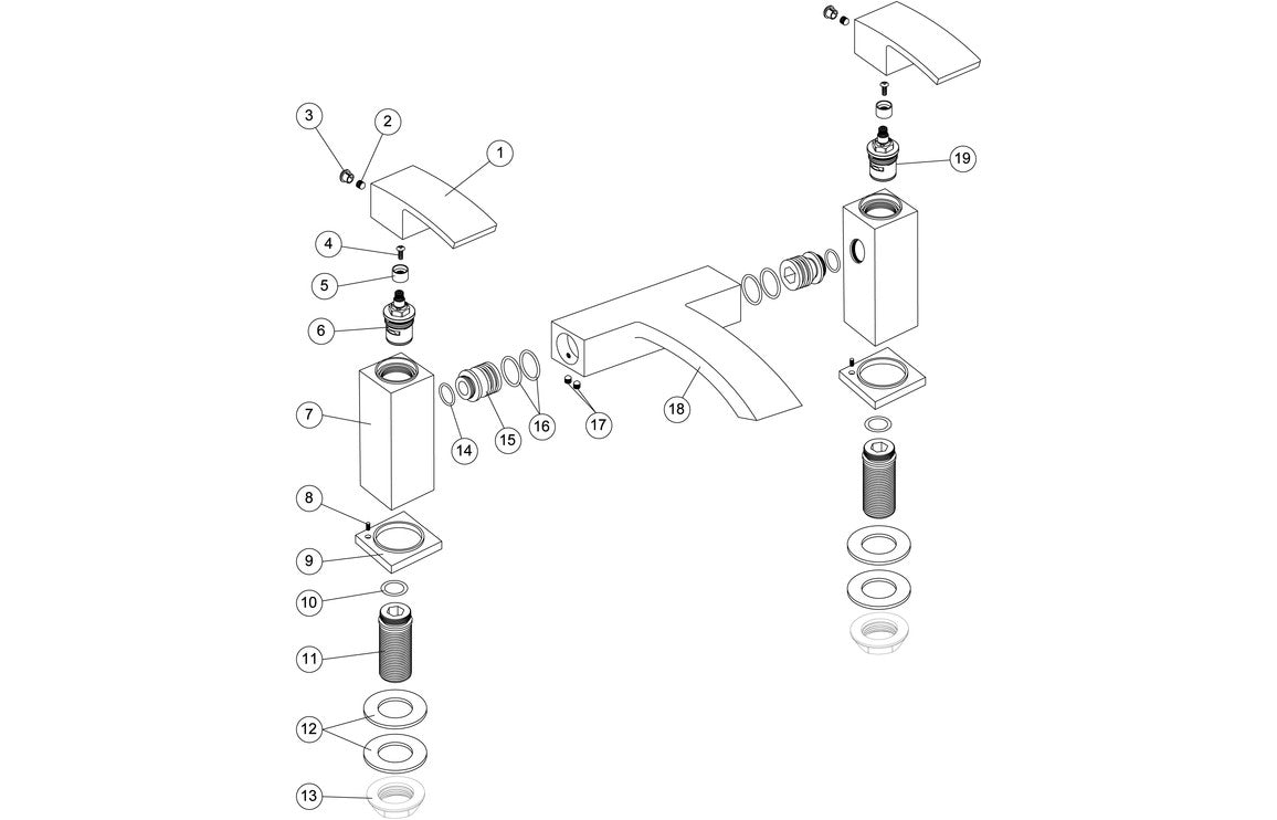 Chrome bath filler exploded view with handle, spout, and internal parts