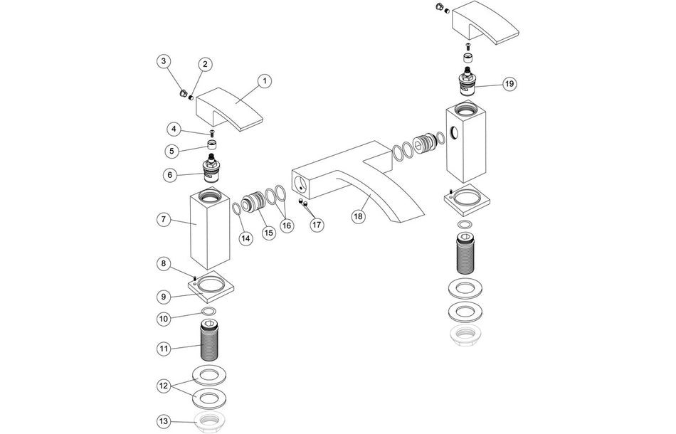 Chrome bath filler exploded view with handle, spout, and internal parts
