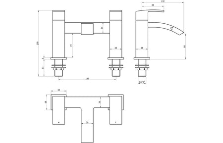 Chrome bath filler technical line drawing with dimensions