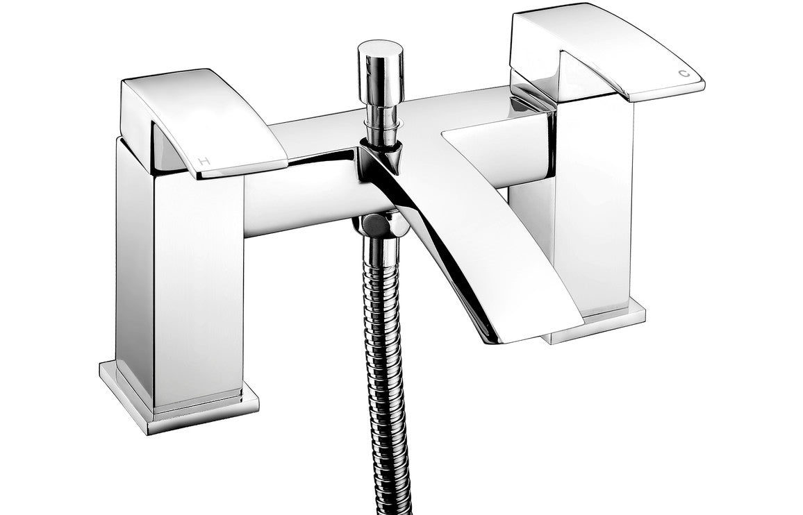 Chrome bath and shower mixer with deck-mount spout and handheld shower hose