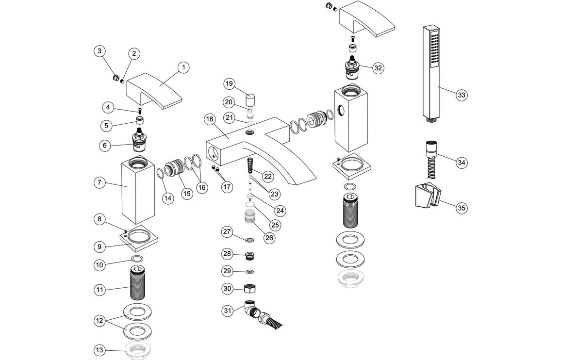 Exploded parts diagram of chrome bath and shower mixer valve and hose components