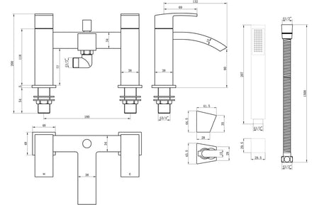Chrome bath and shower mixer technical line drawing with dimensions and mounting details