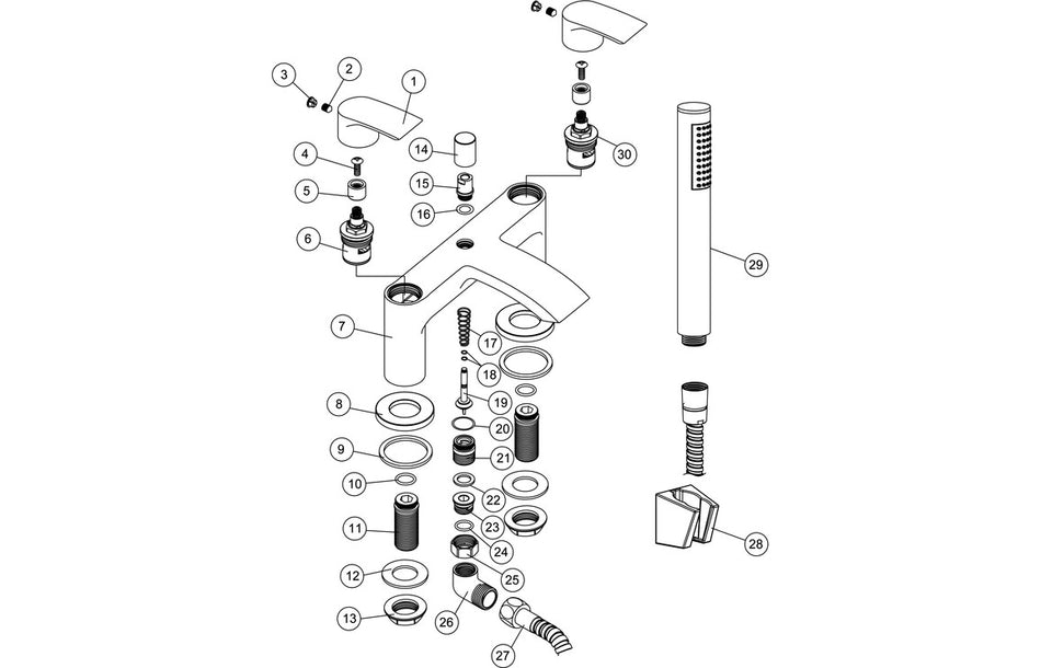 Exploded parts diagram of chrome bath and shower mixer with hose and cartridge
