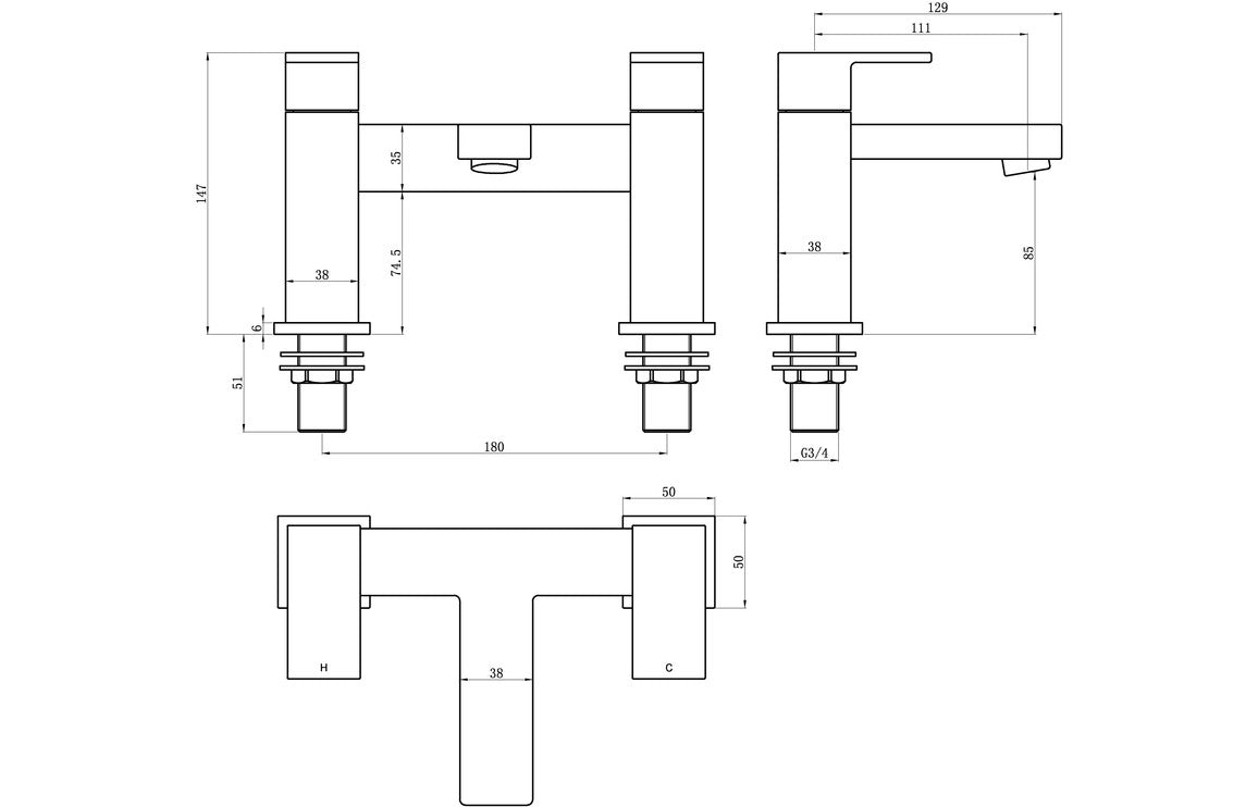Chrome bath filler faucet technical line drawing with dimensions