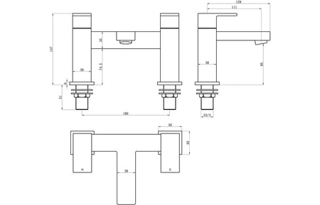 Chrome bath filler faucet technical line drawing with dimensions