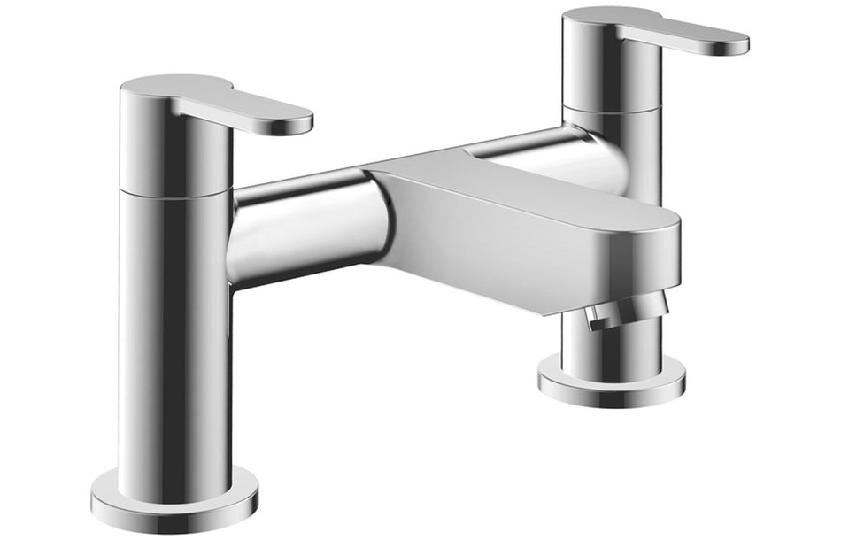 Chrome bath filler tap with two tall handles and curved spout