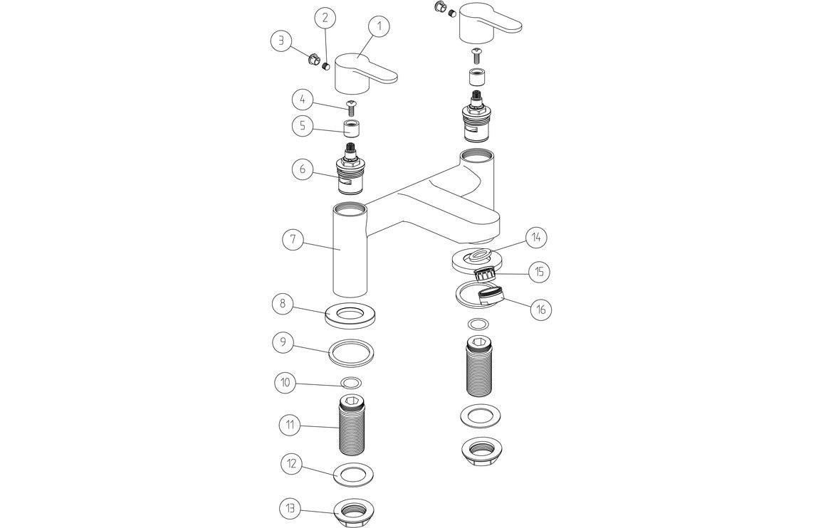 Chrome bath filler exploded parts diagram showing handles, spout, and cartridges