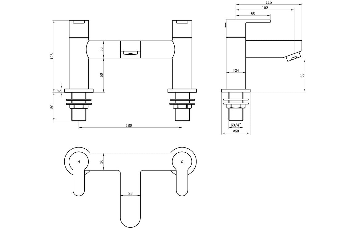 Chrome bath filler tap technical dimensions with two handles and spout