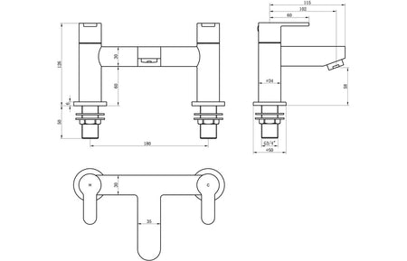 Chrome bath filler tap technical dimensions with two handles and spout