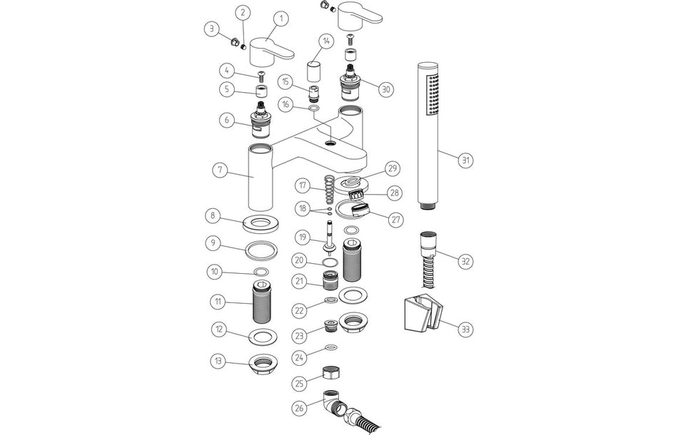 Chrome shower kit exploded parts diagram with mixer, hose, and handset