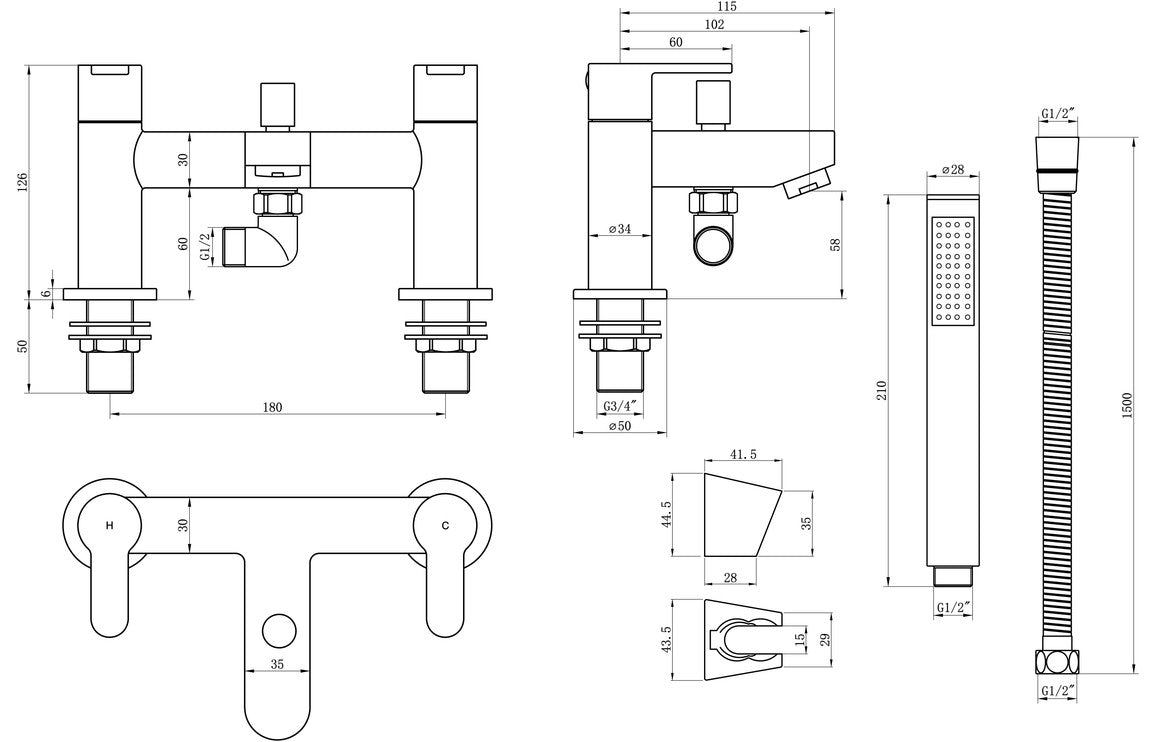 Bath and shower mixer tap technical drawing with dimensions and showerhead