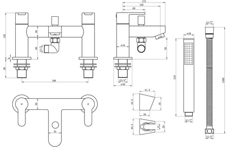 Bath and shower mixer tap technical drawing with dimensions and showerhead