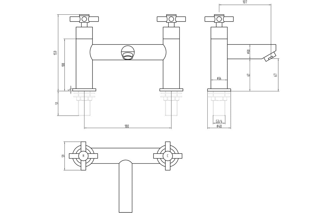 Technical line drawing with dimensions for chrome bath filler faucet