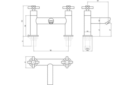 Technical line drawing with dimensions for chrome bath filler faucet