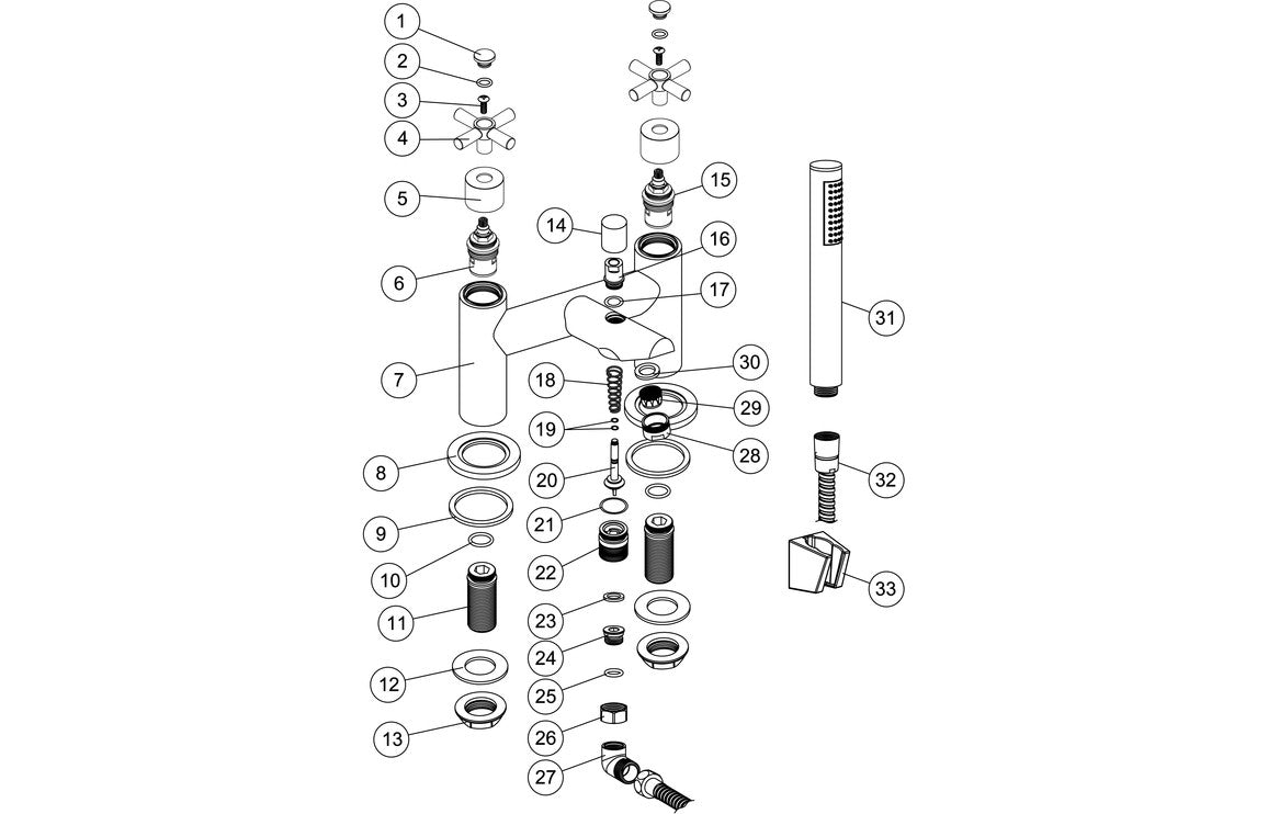 Oford chrome bath and shower mixer exploded parts diagram with valves and handle components