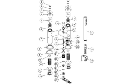 Oford chrome bath and shower mixer exploded parts diagram with valves and handle components