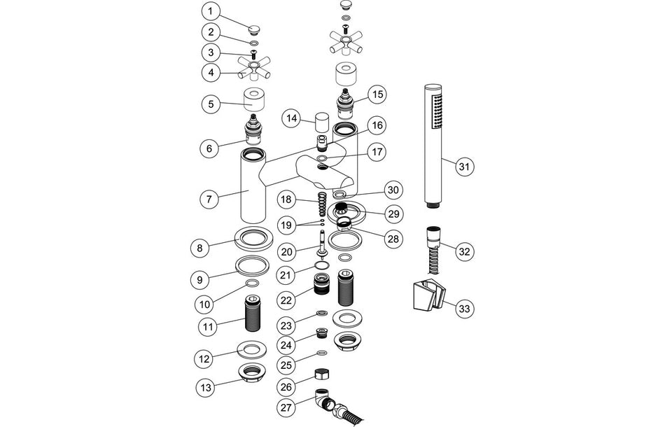 Oford chrome bath and shower mixer exploded parts diagram with valves and handle components