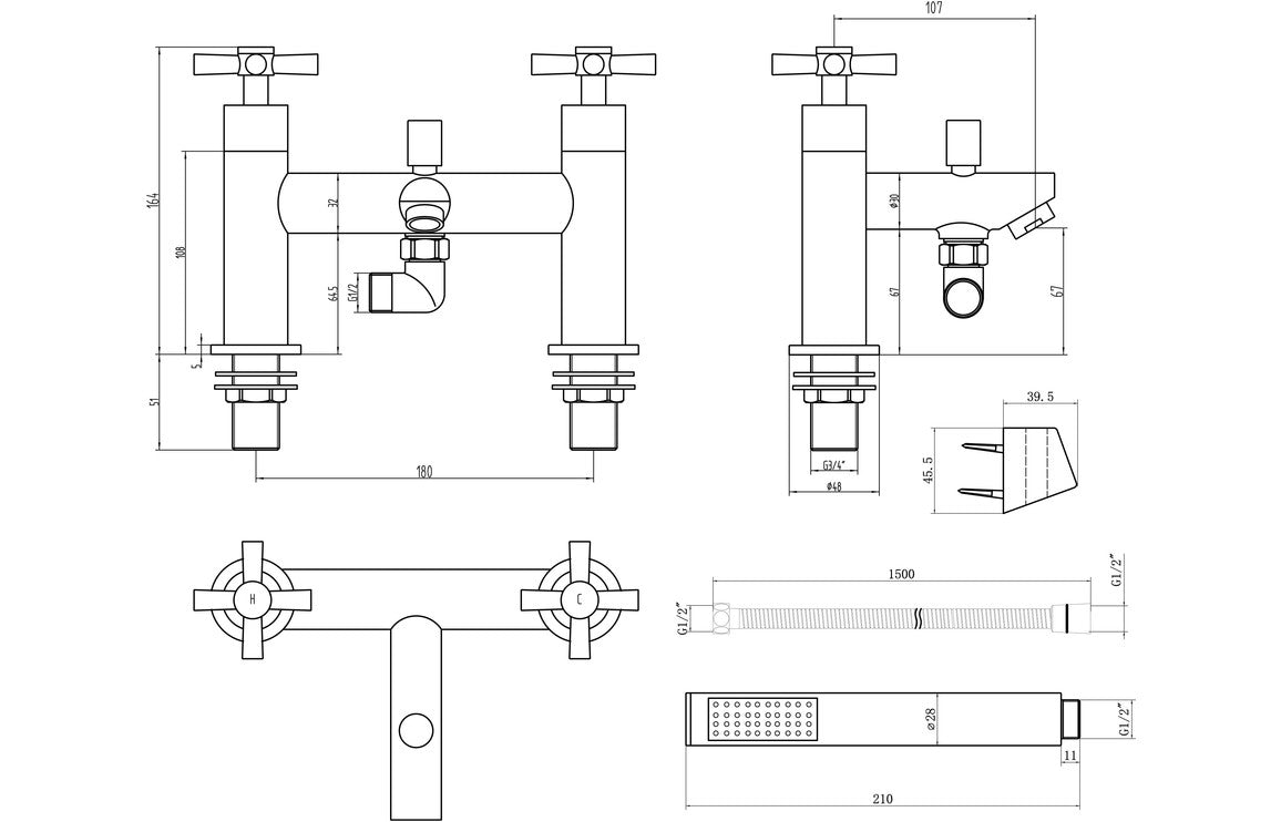 Oford chrome bath and shower mixer technical line drawing with dimensions and mounting