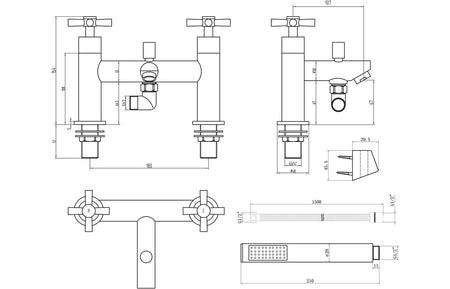 Oford chrome bath and shower mixer technical line drawing with dimensions and mounting