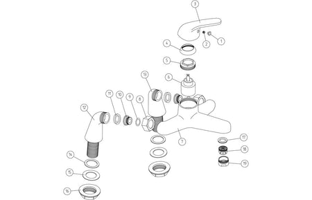 Chrome bath filler tap exploded view showing labeled components
