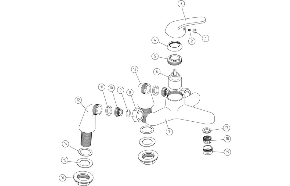 Chrome bath filler tap exploded view showing labeled components
