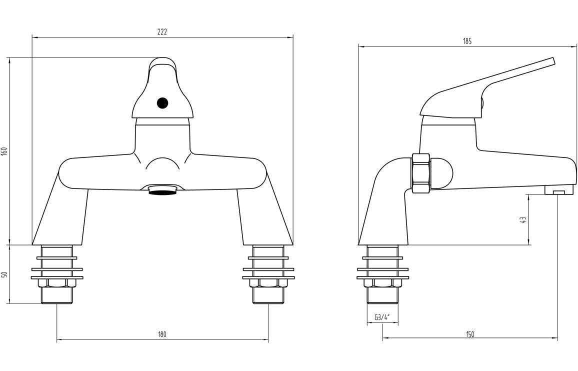 Bath filler tap technical drawing with dimensions for spout and handles