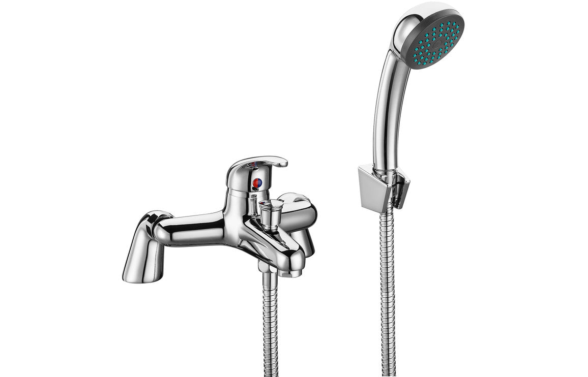 Chrome bath and shower mixer with handheld shower head and flexible hose