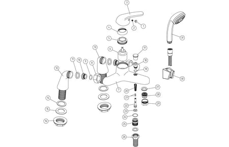 Exploded view of chrome bath and shower mixer with shower hose and fittings