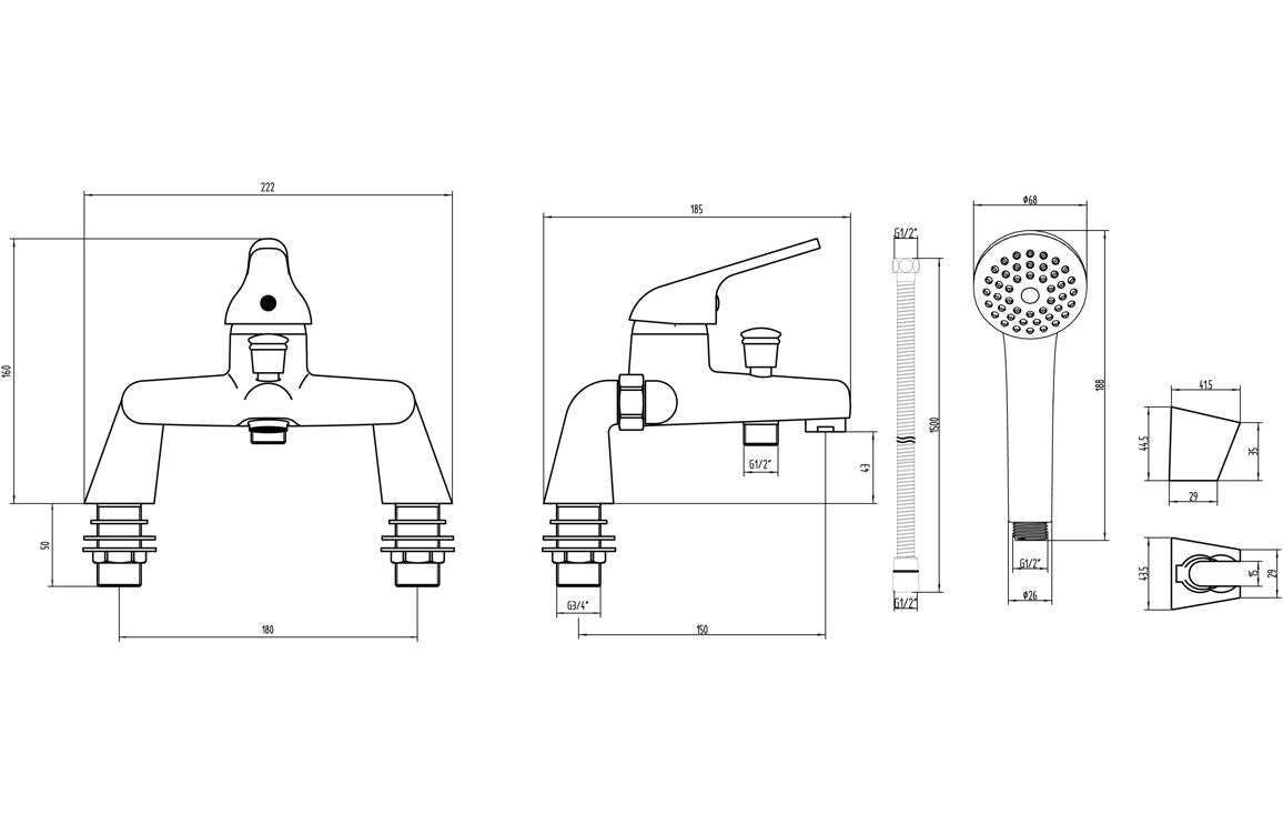 Technical line drawing of chrome bath and shower mixer with shower head and controls