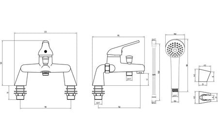 Technical line drawing of chrome bath and shower mixer with shower head and controls