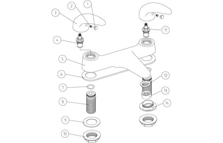 Chrome low pressure bath filler exploded parts diagram with handles and spout