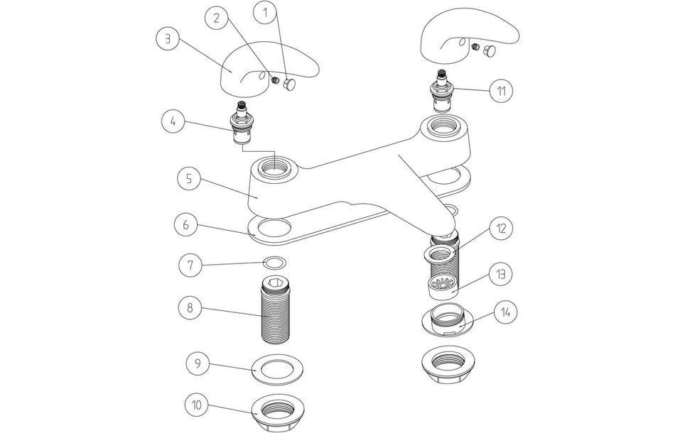 Chrome low pressure bath filler exploded parts diagram with handles and spout