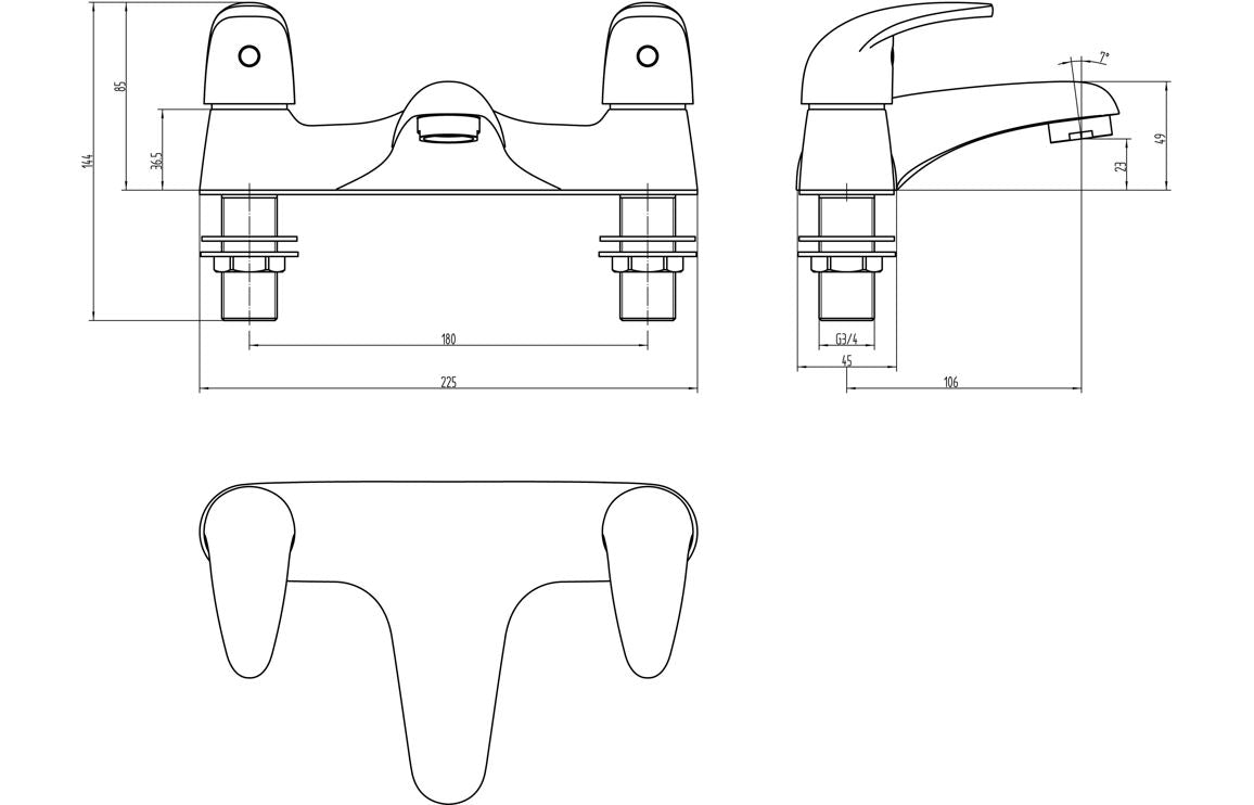 Chrome low pressure bath filler line drawing showing two handles, spout, and measurements
