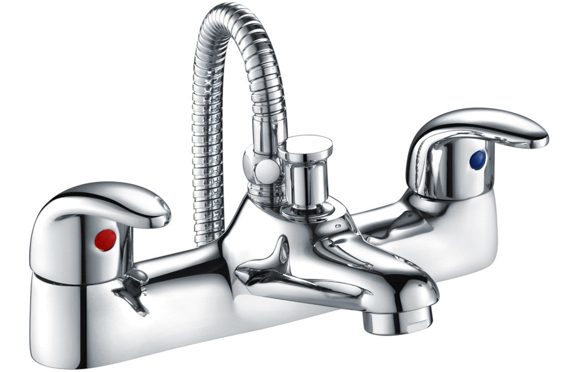 Chrome low-pressure bath/shower mixer tap with flexible hose and dual controls