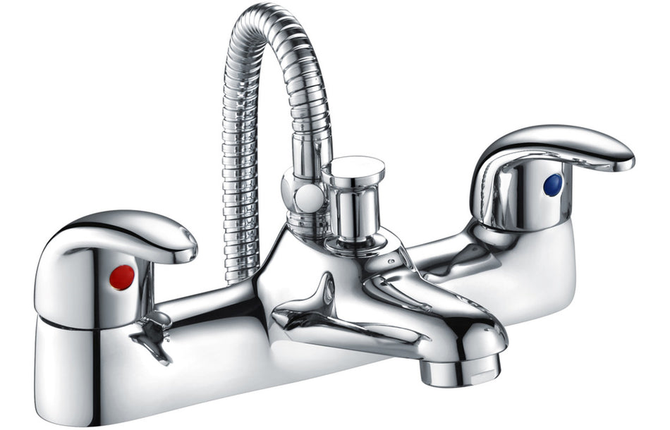 Chrome low-pressure bath/shower mixer tap with flexible hose and dual controls